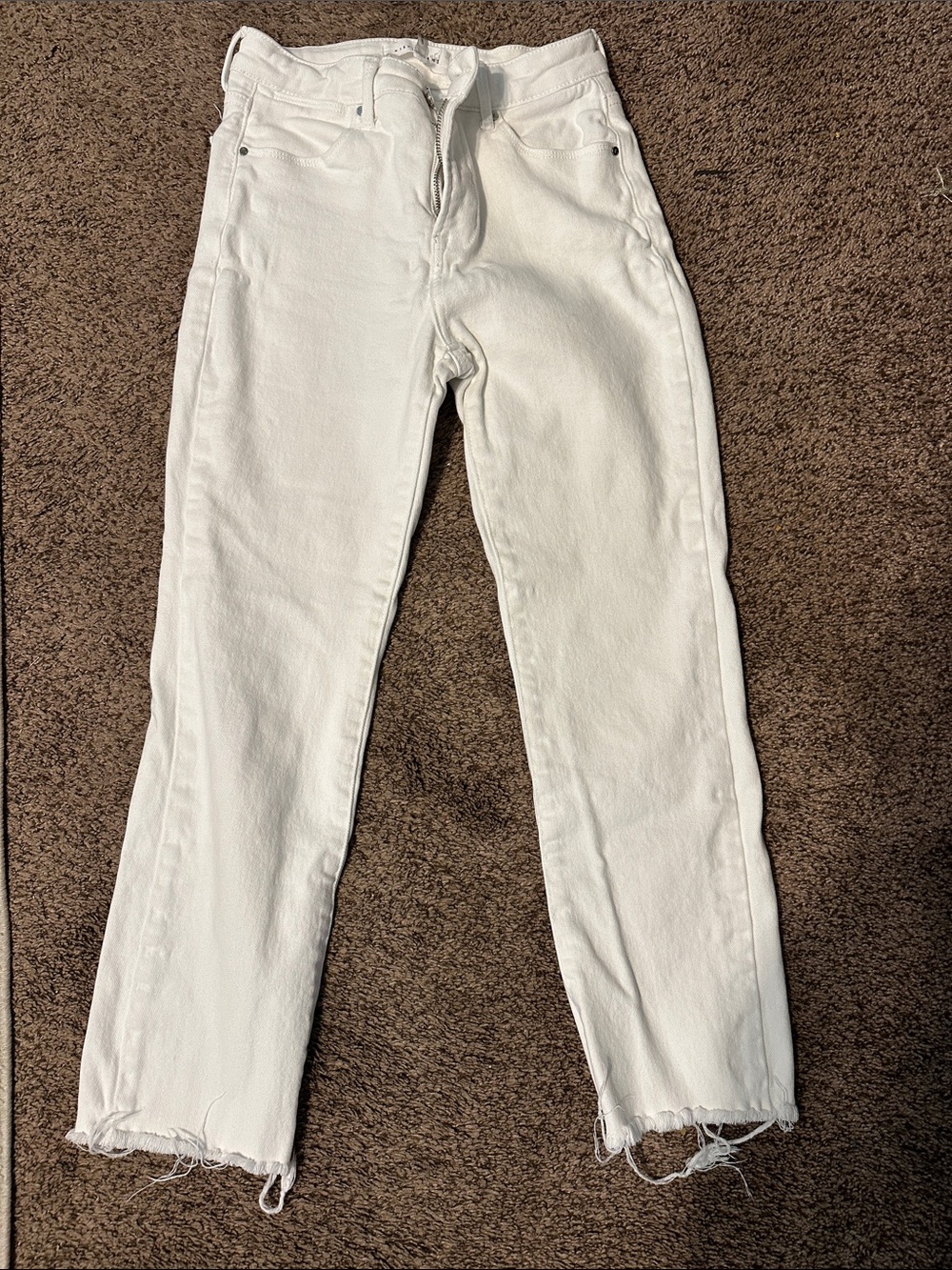 High-Rise White Straight Leg Jeans with Raw Hem